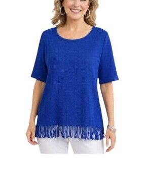 Chico's Blue Fringe Hem Short Sleeve Sweater Med/8 (Chico's 1)